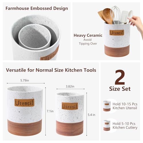 Alarrar Utensil Holder, 7.1"+5.4" Ceramic Kitchen Utensil Crock for Counter, Farmhouse Cooking Utensil Organizer for Spatula Spoon Silverware Vintage Kitchen Decor Accessories Set of 2, White - Image 3