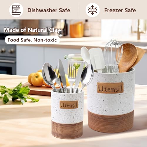 Alarrar Utensil Holder, 7.1"+5.4" Ceramic Kitchen Utensil Crock for Counter, Farmhouse Cooking Utensil Organizer for Spatula Spoon Silverware Vintage Kitchen Decor Accessories Set of 2, White - Image 2