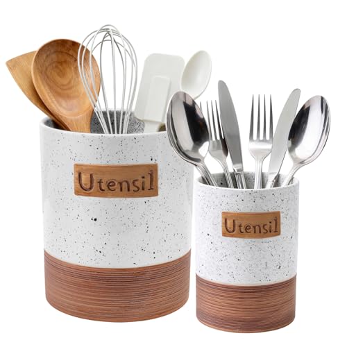 Alarrar Utensil Holder, 7.1"+5.4" Ceramic Kitchen Utensil Crock for Counter, Farmhouse Cooking Utensil Organizer for Spatula Spoon Silverware Vintage Kitchen Decor Accessories Set of 2, White - Image 1