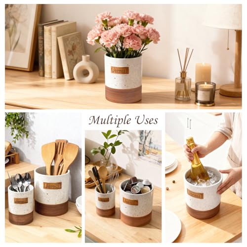 Alarrar Utensil Holder, 7.1"+5.4" Ceramic Kitchen Utensil Crock for Counter, Farmhouse Cooking Utensil Organizer for Spatula Spoon Silverware Vintage Kitchen Decor Accessories Set of 2, White - Image 4