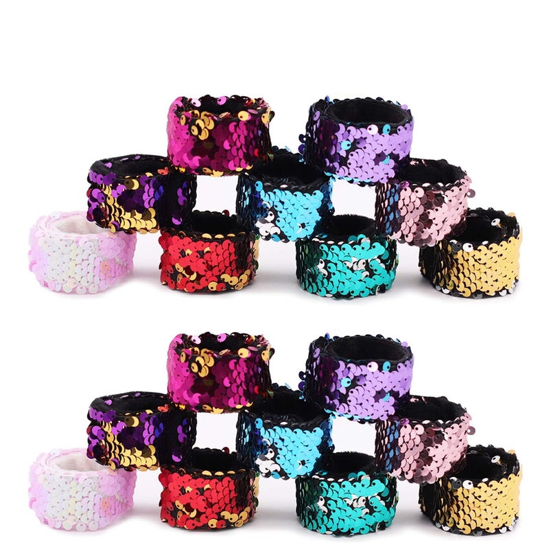 Childom 20 Pack Slap Bracelets 2-Color Reversible Charm Bracelets Children's stage sequins horsetail buckle color ball head hair accessories hair accessories Magic Wristband for Kids,Girls,Boys,Women - Image 1