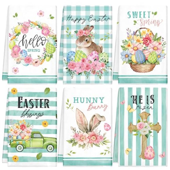 Patelai 6 Pack Easter Hand Towels Spring Bunny Rabbit Dish Seasonal Cloth Kitchen Towel Happy Easter Tea Dishcloth Holiday Washcloths for Farmhouse Home Housewarming Gift