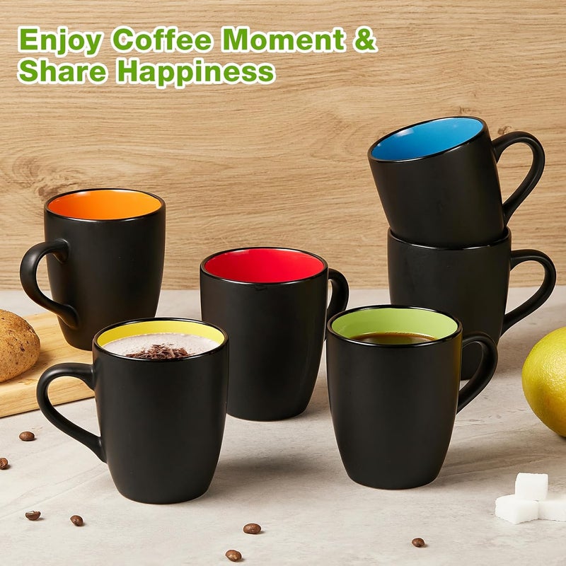 Qipecedm 6 Pack Porcelain Coffee Mugs Set, 12 Ounces Ceramic Coffee Mugs, Matte Black Coffee Mug, Restaurant Cups for Coffee, Tea, Cappuccino, Cocoa, Cereal, Black outside and Colorful inside - Image 2