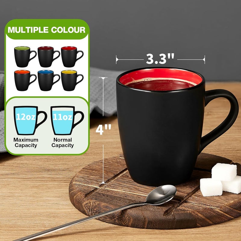 Qipecedm 6 Pack Porcelain Coffee Mugs Set, 12 Ounces Ceramic Coffee Mugs, Matte Black Coffee Mug, Restaurant Cups for Coffee, Tea, Cappuccino, Cocoa, Cereal, Black outside and Colorful inside - Image 3