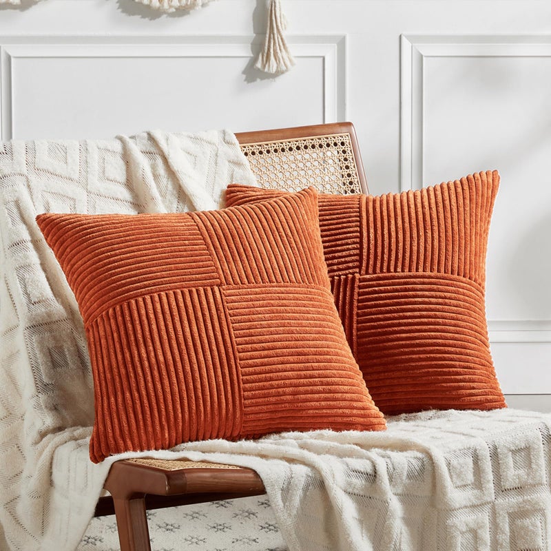Fancy Homi Set of 2 Burnt Orange Decorative Throw Pillow Covers 20x20 Inch for Living Room Couch Bed Boho Farmhouse Fall Home Decor Soft Corss Corduroy Patchwork Textured Cushion Case 50x50 cm