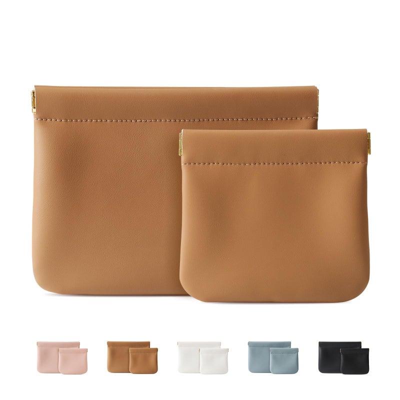MEIBOOCH 2 Pack Small Makeup Bag for Women, New Organosilicon Super Fiber PU Leather Mini Cosmetic Bag for Travel, Coin Purse Organizer Storage Pouch (Brown) - Image 1