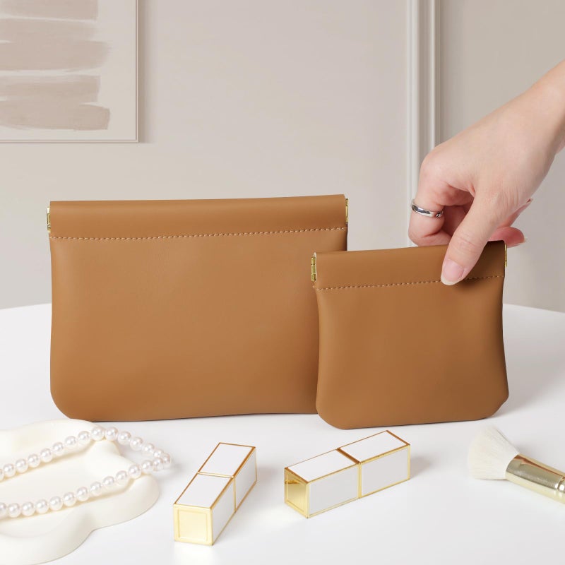 MEIBOOCH 2 Pack Small Makeup Bag for Women, New Organosilicon Super Fiber PU Leather Mini Cosmetic Bag for Travel, Coin Purse Organizer Storage Pouch (Brown) - Image 2