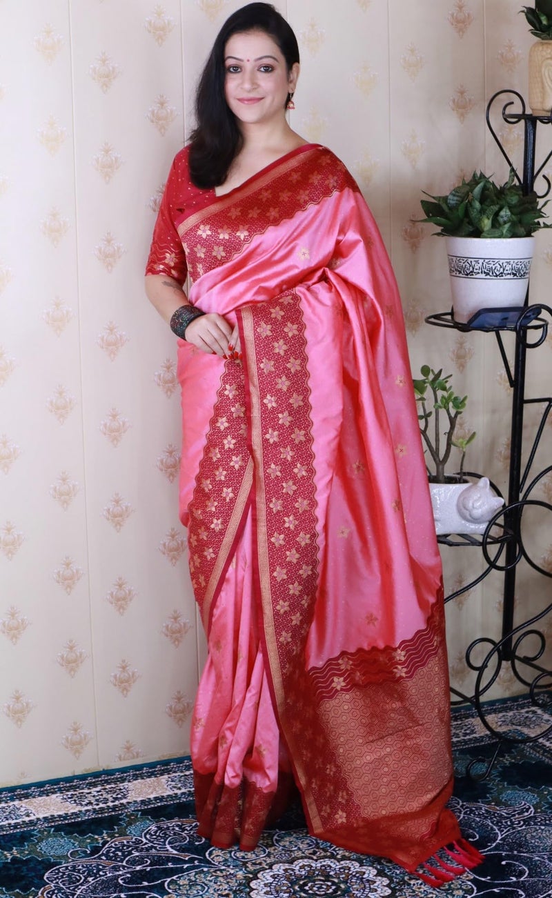 SGF11 Women's Kanjivaram Soft Silk Saree With Unstitched Blouse Piece (Light Pink) - Image 2