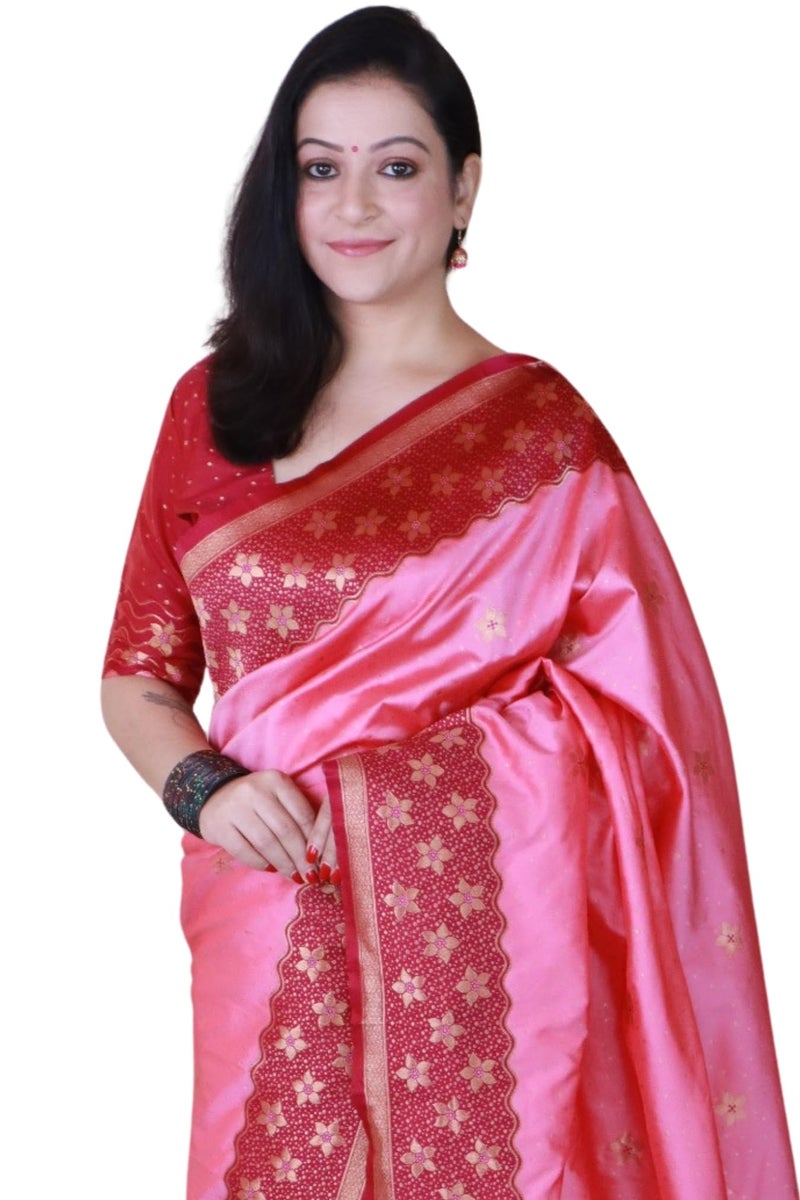 SGF11 Women's Kanjivaram Soft Silk Saree With Unstitched Blouse Piece (Light Pink) - Image 1