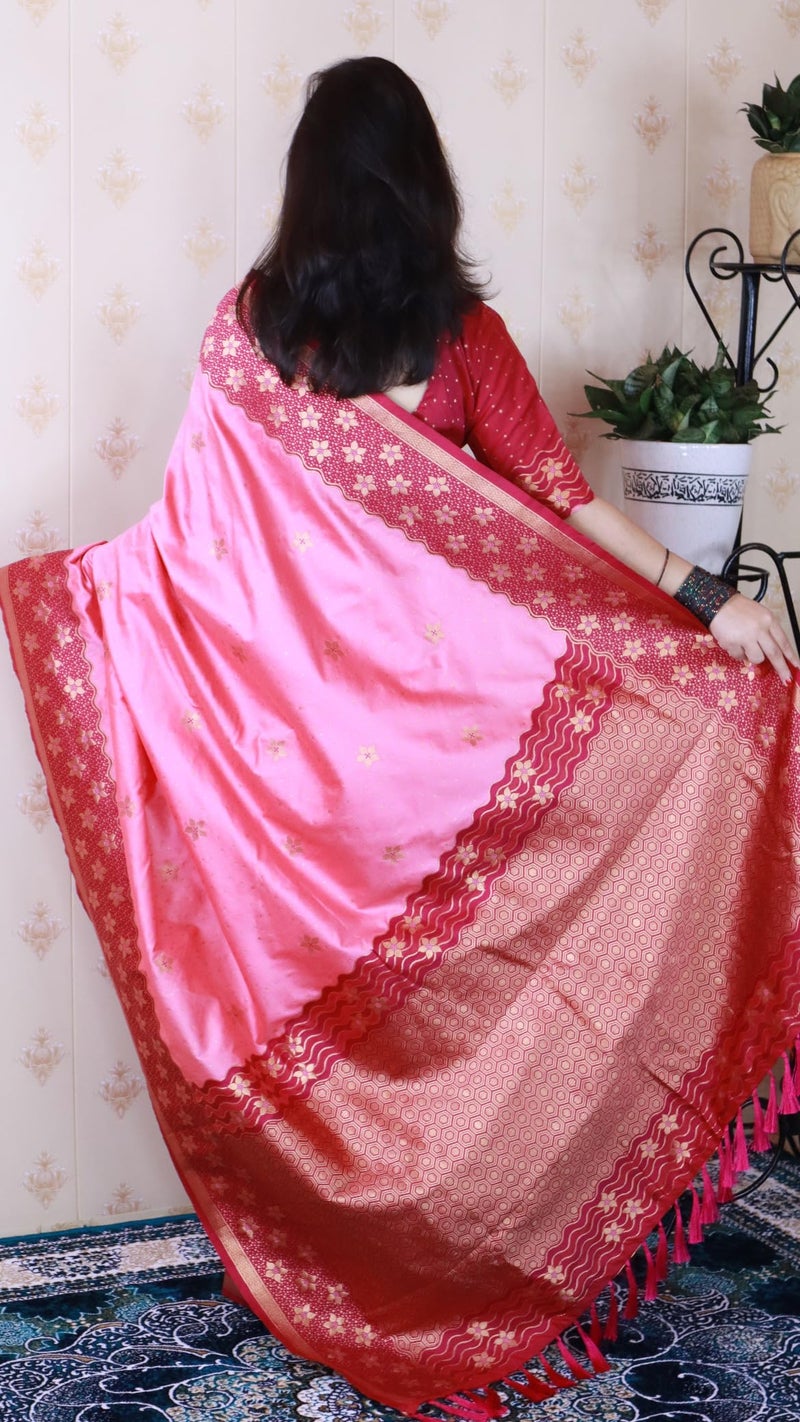 SGF11 Women's Kanjivaram Soft Silk Saree With Unstitched Blouse Piece (Light Pink) - Image 4