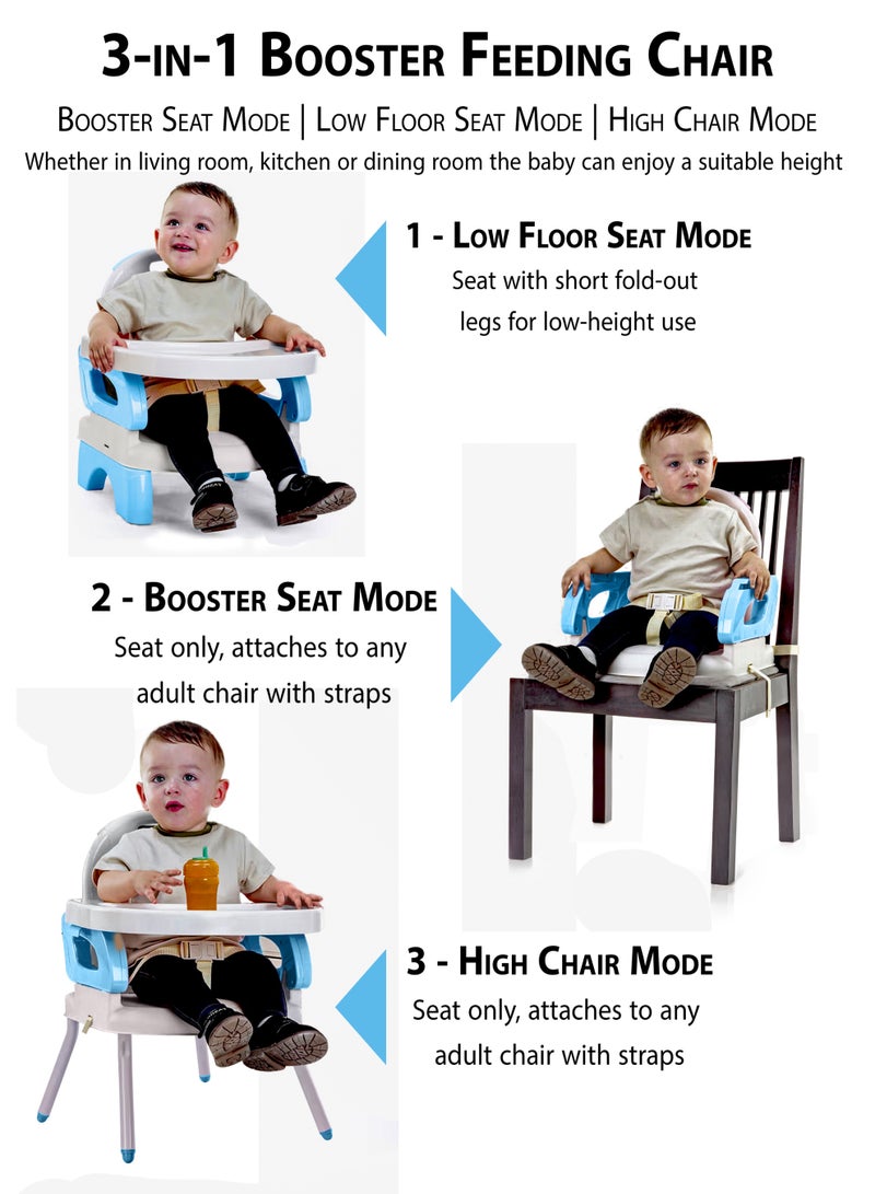 Toshionics 3-in-1 Convertible Baby Booster Feeding Chair For Infants with Removable Tray, High Chair and Floor Seat Modes Portable Children Dining Chair Foldable Toddler Seat with Safety Harness and Adjustable Straps Belt Travel-Friendly for Indoor & Outdoor Use 6–24 Months - Image 2