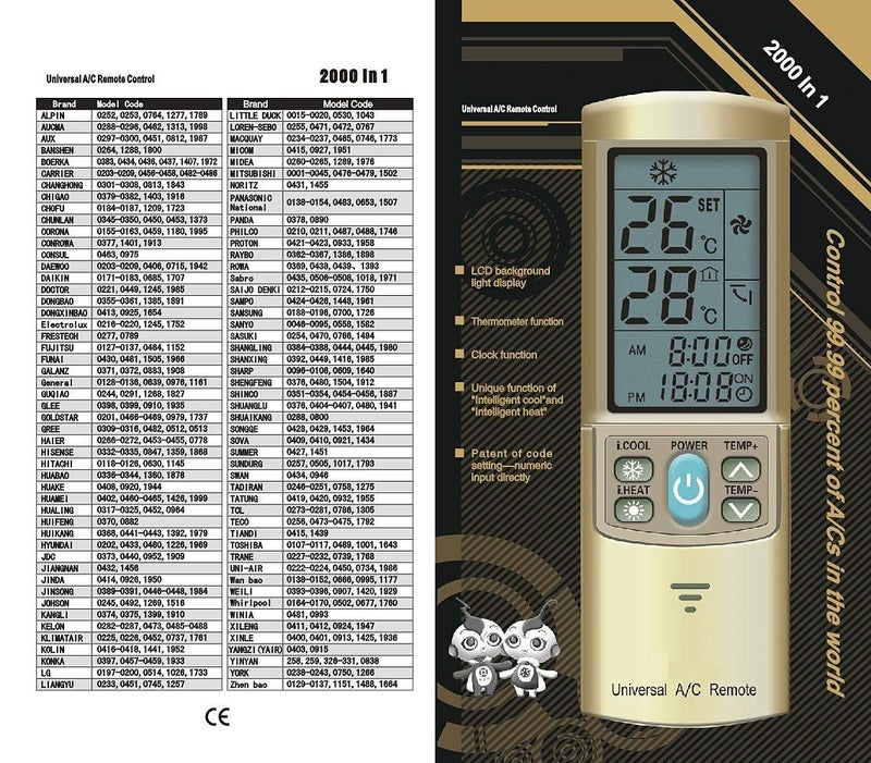 QUNDA GOLD COLOR AC Remote Control For Carrier, Trane, Toshiba, Sanyo, Mitsubishi, Fujitsu, Hitachi, Haier, LG, York, Midea, Panasonic, Sharp, Samsung, Kelon, Hyundai, Gree, Funai, Daikin, Rowa, Goldstar, - Image 2