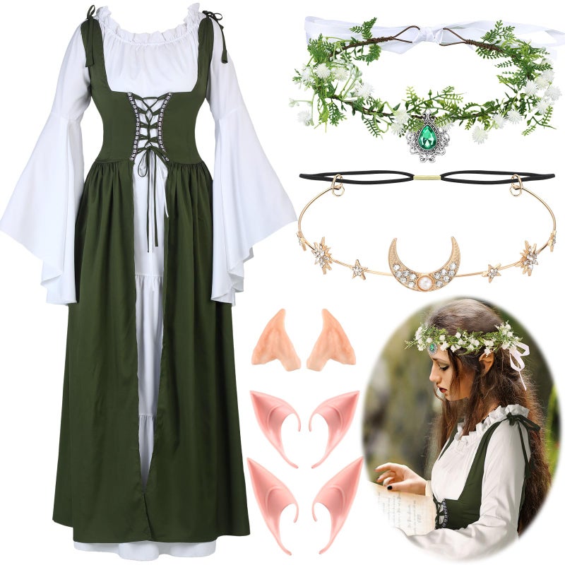 Bonuci 6 Pcs Women Medieval Renaissance Costume Fairy Victorian Dress Elf Ears Fairy Headpiece for Halloween Cosplay OutfitSmallMediumOlive Green