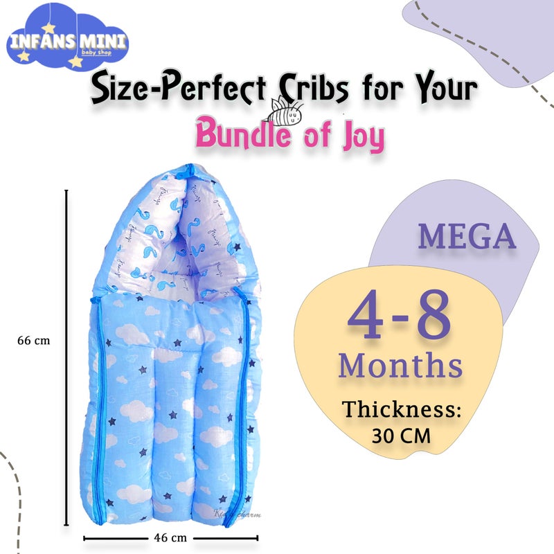 Infans Mini سرير أطفال إنفانس ميني كلاود ميغا 3 في 1 سرير قطن للأطفال مع حقيبة نوم مطبوعة - سرير أطفال - محمول للأطفال للذكور والإناث سهل الحمل، خفيف الوزن لحمل الأطفال حديثي الولادة من 4-8 أشهر (أزرق) - Image 2