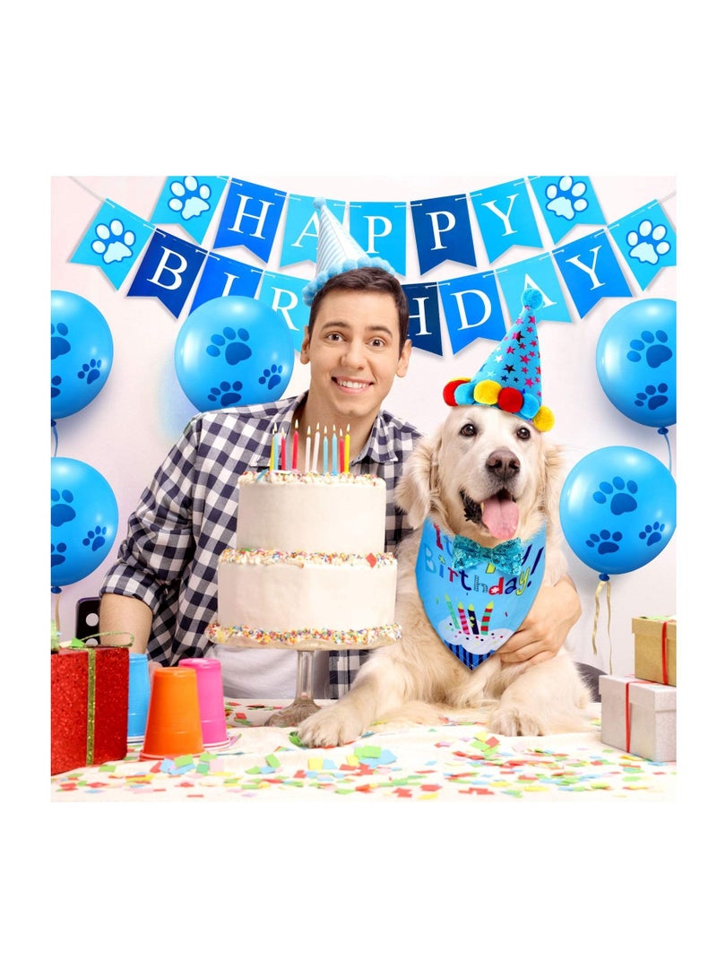 Dog Birthday Bandana Birthday Hat Happy Birthday Banner Dog Paw Balloons and Hanging Swirls - Blue - Image 3