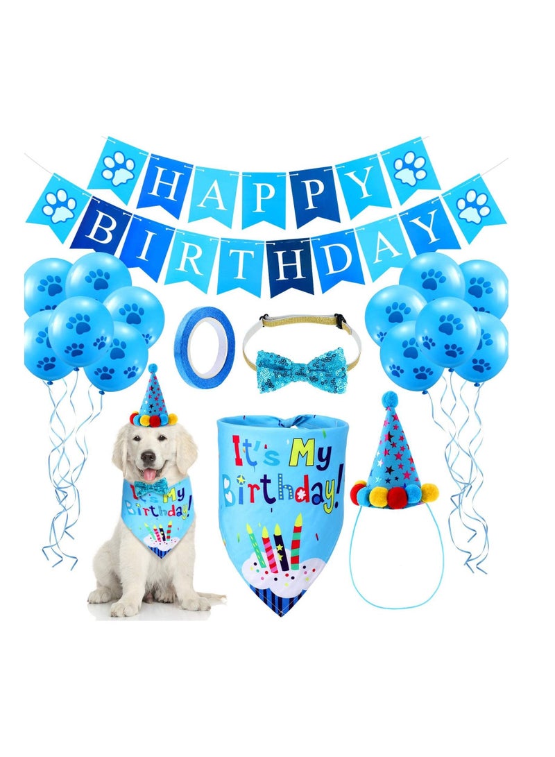 Dog Birthday Bandana Birthday Hat Happy Birthday Banner Dog Paw Balloons and Hanging Swirls - Blue - Image 1