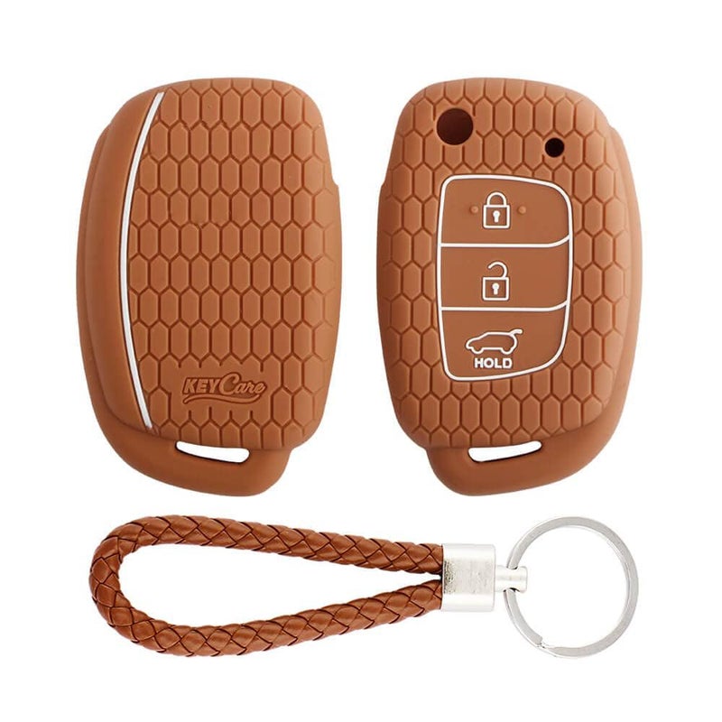 KeyZone Keycare Compatible Silicone Key Cover Compatible for Venue, Aura, Elite i20, Active i20, Xcent 3 Button flip Key with KC Mini Brown Keyring (KC10 Brown with KCmini Keyring) - Image 1