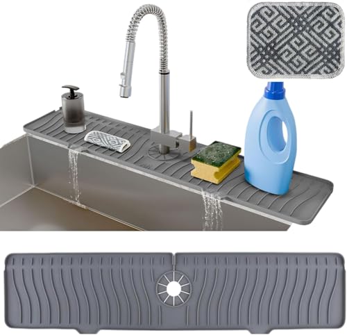 AAROO 24 Inch Longer Faucet Mat for Kitchen Sink with Reusable MultiPurpose Dish Washing Scrubber 5 Slope Premium Kitchen Sink Splash Guard Fast SelfDraining Silicone Mat Grey