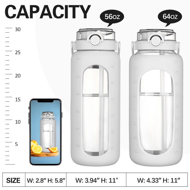BLUEGO 64oz Glass Water Bottles with Straw Time Marker Half Gallon Large Motivational Water Bottle with Silicone Sleeve 2 Liter Large Glass Water Jug for Gym, Sports& Workout, Daily, White - Image 4