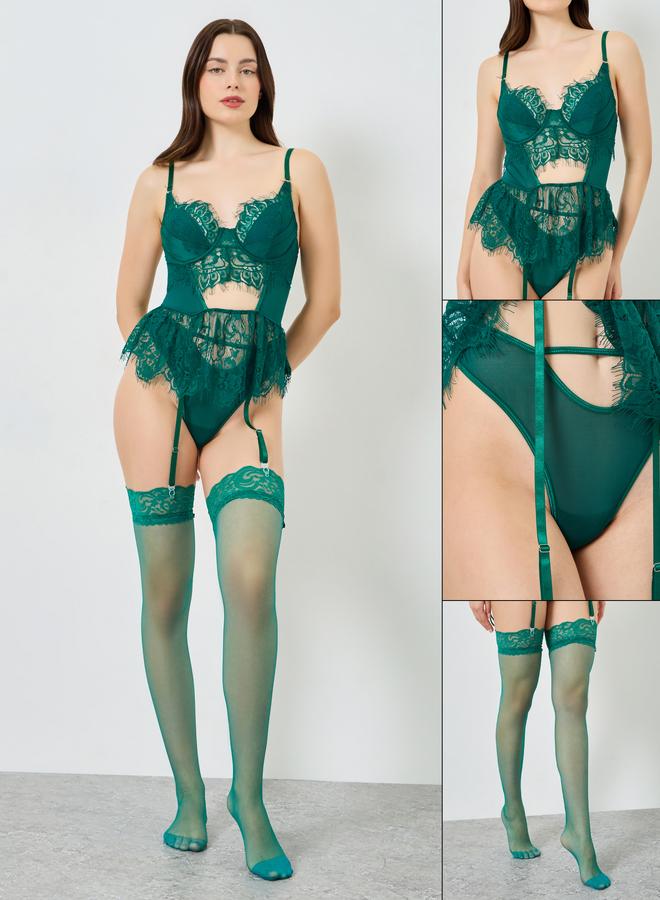Styli Pack Of 3 - Non Padded Wired Eyelash Lace Babydoll, Thong And Stockings - Image 1