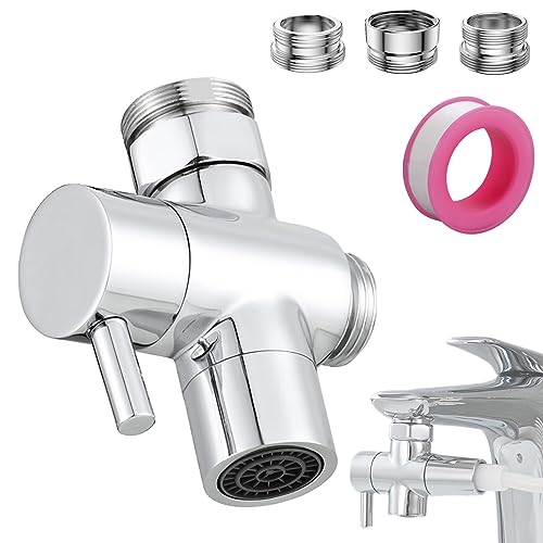 Roscid 3 Way Shower Diverter - Solid Brass, Sink Valve Faucet Splitter for Kitchen or Bathroom, M22-M24, M22-G1/2 Adaptor, Silver - Image 1