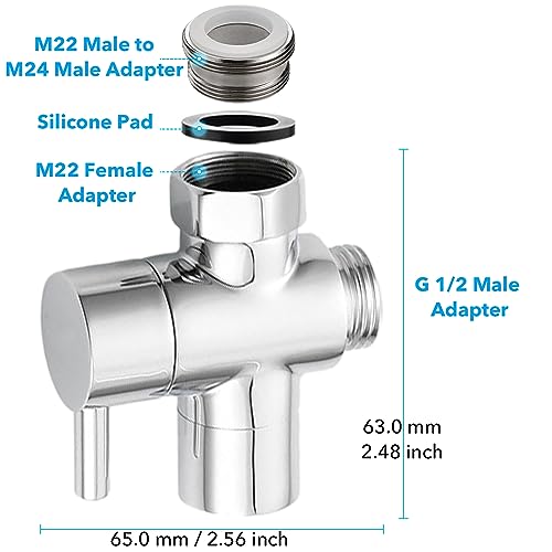 Roscid 3 Way Shower Diverter - Solid Brass, Sink Valve Faucet Splitter for Kitchen or Bathroom, M22-M24, M22-G1/2 Adaptor, Silver - Image 2