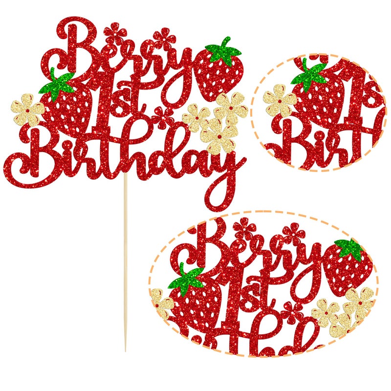 Ephlyn 1Pc Berry 1st Birthday Cake Topper Glitter Sweet Fruit Theme First Birthday Strawberry One Cake Pick for Strawberry Theme Baby Shower Kids 1st Birthday Party Decorations Supplies - Image 3
