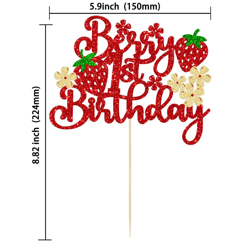 Ephlyn 1Pc Berry 1st Birthday Cake Topper Glitter Sweet Fruit Theme First Birthday Strawberry One Cake Pick for Strawberry Theme Baby Shower Kids 1st Birthday Party Decorations Supplies - Image 2