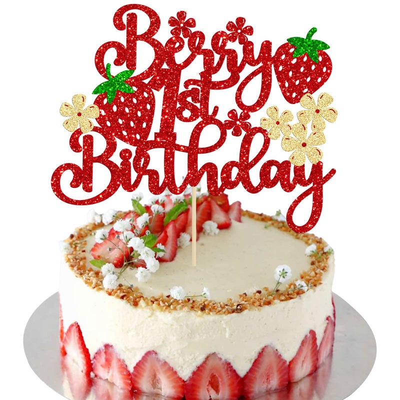 Ephlyn 1Pc Berry 1st Birthday Cake Topper Glitter Sweet Fruit Theme First Birthday Strawberry One Cake Pick for Strawberry Theme Baby Shower Kids 1st Birthday Party Decorations Supplies - Image 1