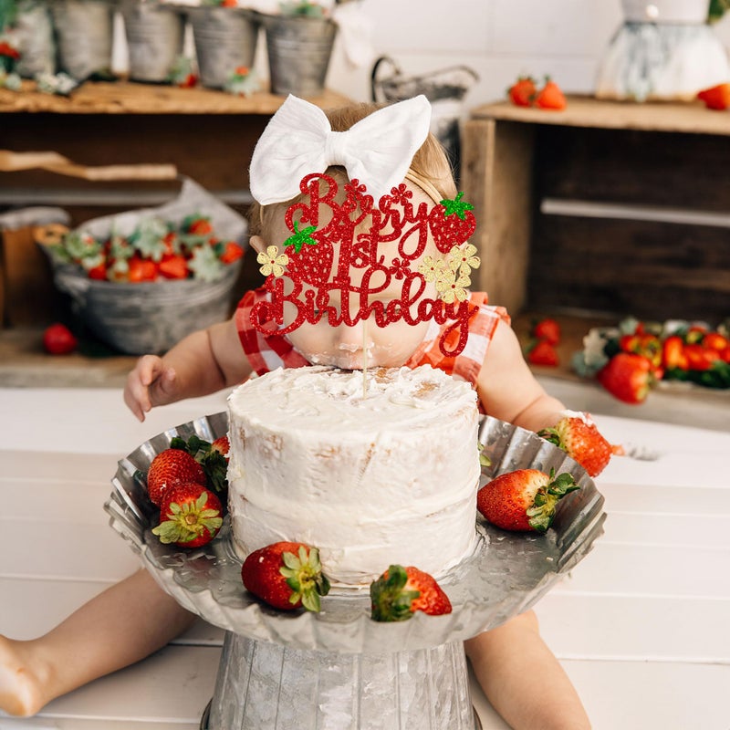 Ephlyn 1Pc Berry 1st Birthday Cake Topper Glitter Sweet Fruit Theme First Birthday Strawberry One Cake Pick for Strawberry Theme Baby Shower Kids 1st Birthday Party Decorations Supplies - Image 5