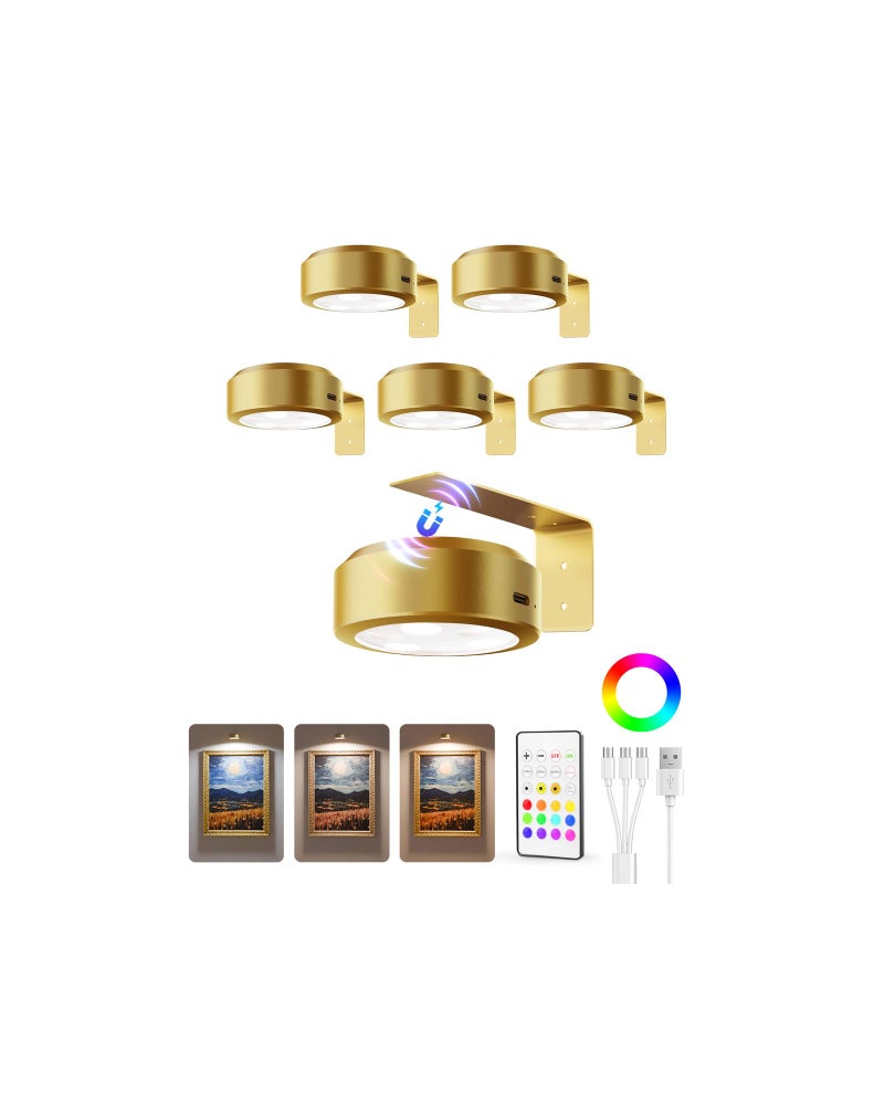 EZVALO Picture Lights for Wall 2000mAh Rechargeable Battery Magnetic Poster Lights with 3 Color Temps 12 RGB Remote Dimmable Timer Painting Light Wall Decor Light for Art Display Frame 6 Pack