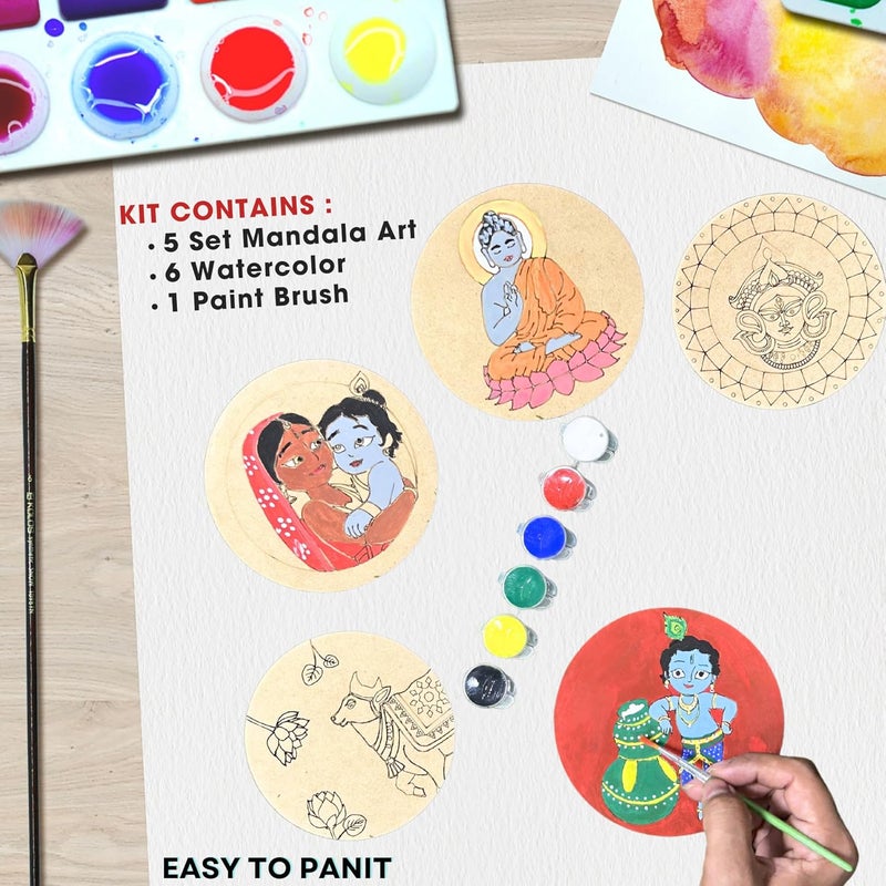 Ansoz Wooden Mandala Art Kit – DIY Religious Painting Set with 5 Wall Hanging Designs (6 Inch) | Creative Mandala Art Kit for Kids & Gift for Boys - Image 2