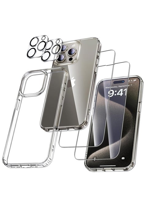[ 5-in-1 ]for iPhone 15 Pro Max Case Clear Shockproof,[Strong Grade Protection ][No Yellowing] 2 Pcs Lens Protector+2 Pcs Screen Protector