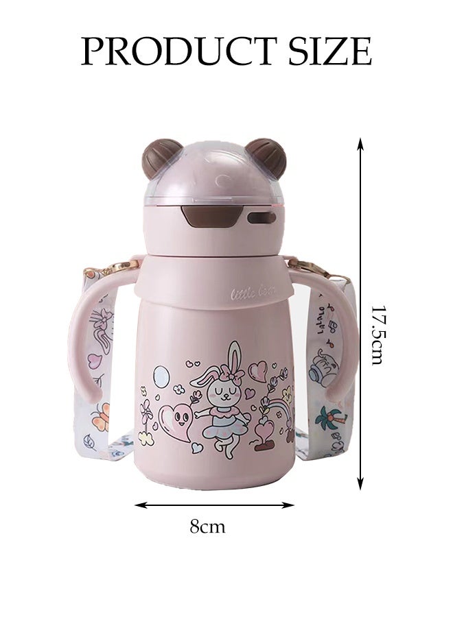 DUNISO كوب أطفال معزول من الفولاذ المقاوم للصدأ سعة 400 مل، كوب معزول من الدرجة الغذائية 316، كوب سفر للأطفال بدون انسكاب مع غطاء، قشة مزدوجة الاستخدام وحبل، زجاجة ماء لطيفة مع عرض مائل، كوب شرب تعليمي للأطفال في رياض الأطفال، أرنب وردي - Image 2