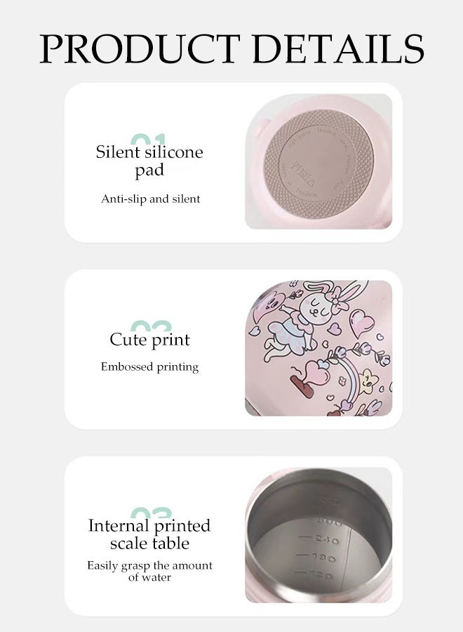 DUNISO كوب أطفال معزول من الفولاذ المقاوم للصدأ سعة 400 مل، كوب معزول من الدرجة الغذائية 316، كوب سفر للأطفال بدون انسكاب مع غطاء، قشة مزدوجة الاستخدام وحبل، زجاجة ماء لطيفة مع عرض مائل، كوب شرب تعليمي للأطفال في رياض الأطفال، أرنب وردي - Image 3