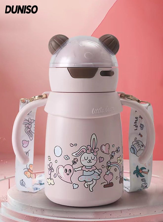 DUNISO كوب أطفال معزول من الفولاذ المقاوم للصدأ سعة 400 مل، كوب معزول من الدرجة الغذائية 316، كوب سفر للأطفال بدون انسكاب مع غطاء، قشة مزدوجة الاستخدام وحبل، زجاجة ماء لطيفة مع عرض مائل، كوب شرب تعليمي للأطفال في رياض الأطفال، أرنب وردي - Image 1