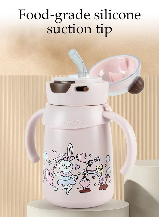 DUNISO كوب أطفال معزول من الفولاذ المقاوم للصدأ سعة 400 مل، كوب معزول من الدرجة الغذائية 316، كوب سفر للأطفال بدون انسكاب مع غطاء، قشة مزدوجة الاستخدام وحبل، زجاجة ماء لطيفة مع عرض مائل، كوب شرب تعليمي للأطفال في رياض الأطفال، أرنب وردي - Image 4
