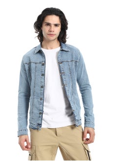 Turn Down Collar Washed Denim Jacket_Light Blue
