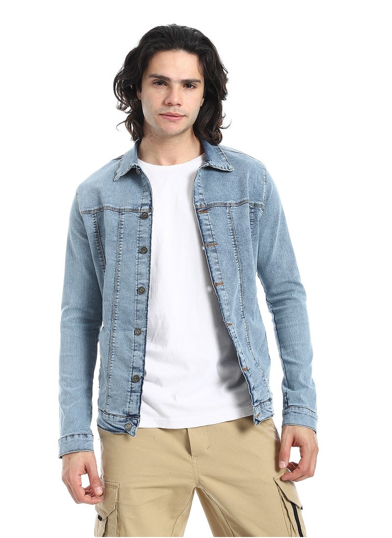 Andora - Turn Down Collar Washed Denim Jacket_Light Blue - Image 1