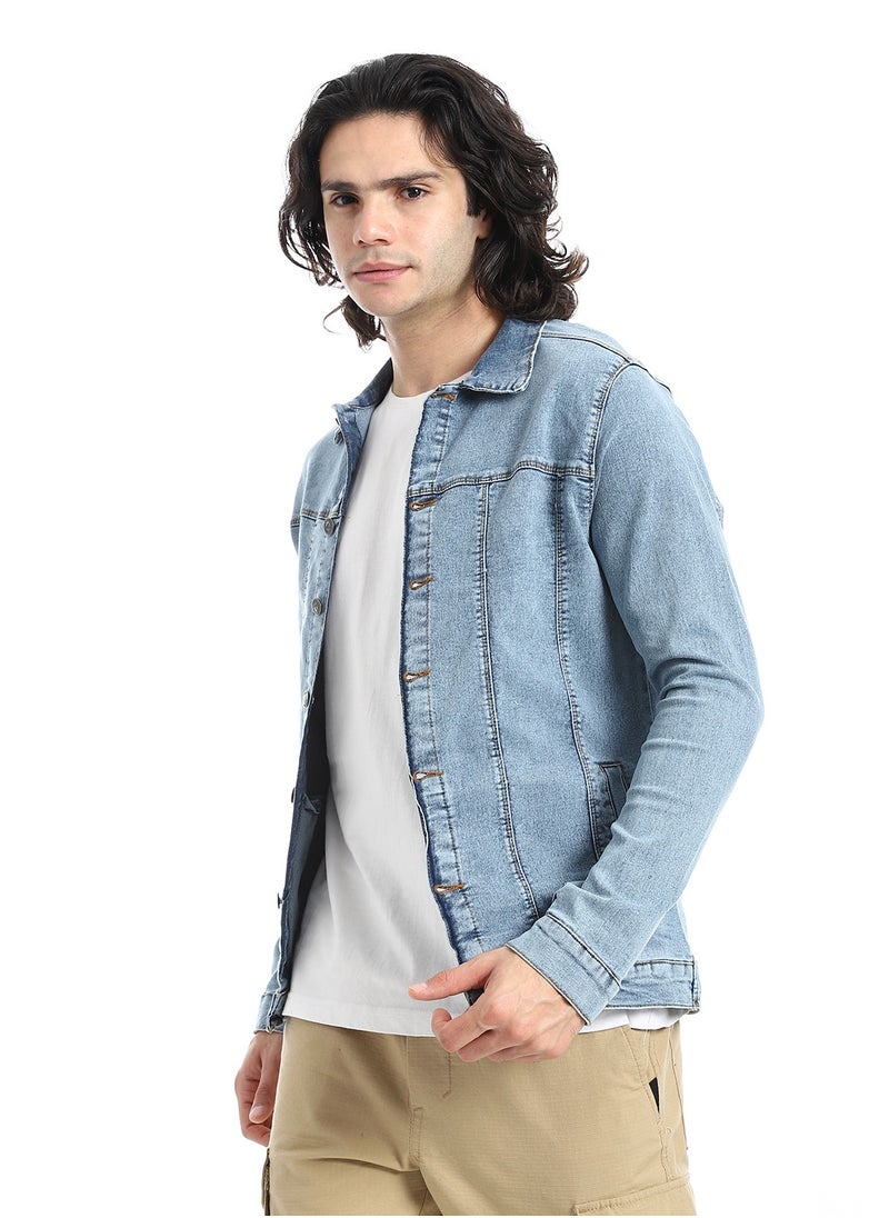 Andora - Turn Down Collar Washed Denim Jacket_Light Blue - Image 1