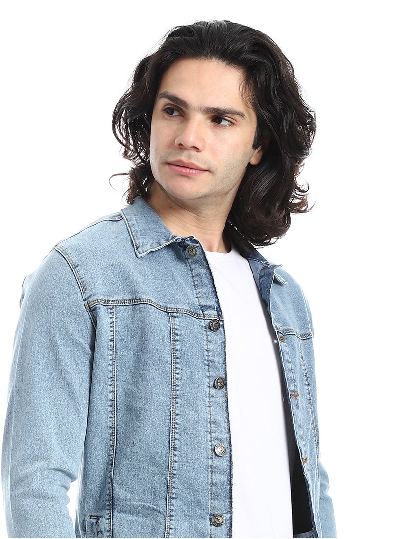 Andora - Turn Down Collar Washed Denim Jacket_Light Blue - Image 1