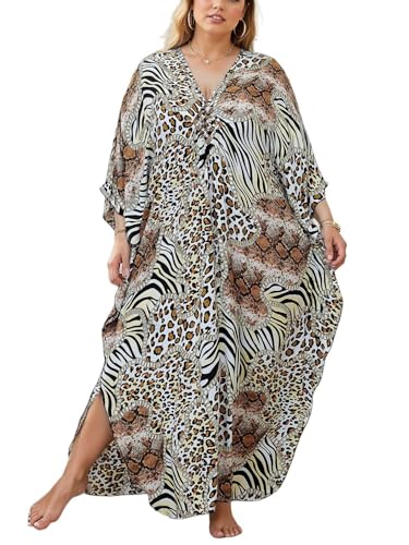 KECVOT Plus Size Women's Kaftan V-Neck Summer Maxi Swimsuit Coverup Moo Moos Beach Dress - Image 1