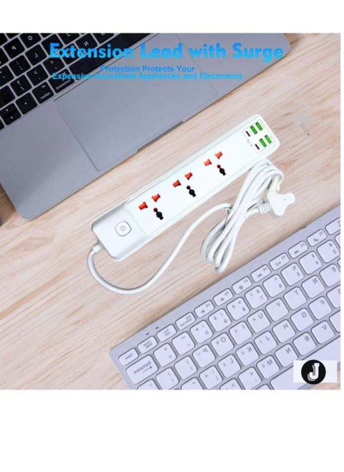 JAJEEK Extension Cord 2M with 3 Sockets, 4 USB Ports & 2 Type-C Ports – UK 3 Pin Plug Power Extension for Home, Kitchen & Office (White)  - Image 2