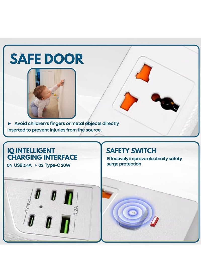 JAJEEK Extension Cord 2M with 3 Sockets, 4 USB Ports & 2 Type-C Ports – UK 3 Pin Plug Power Extension for Home, Kitchen & Office (White)  - Image 3