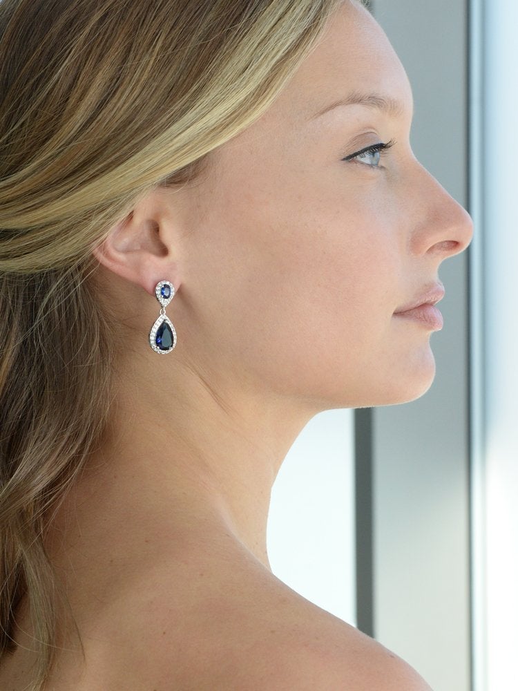 Mariell Sapphire Cubic Zirconia Teardrop Earrings for "Something Blue" Bridal or September Birthstone - Image 2