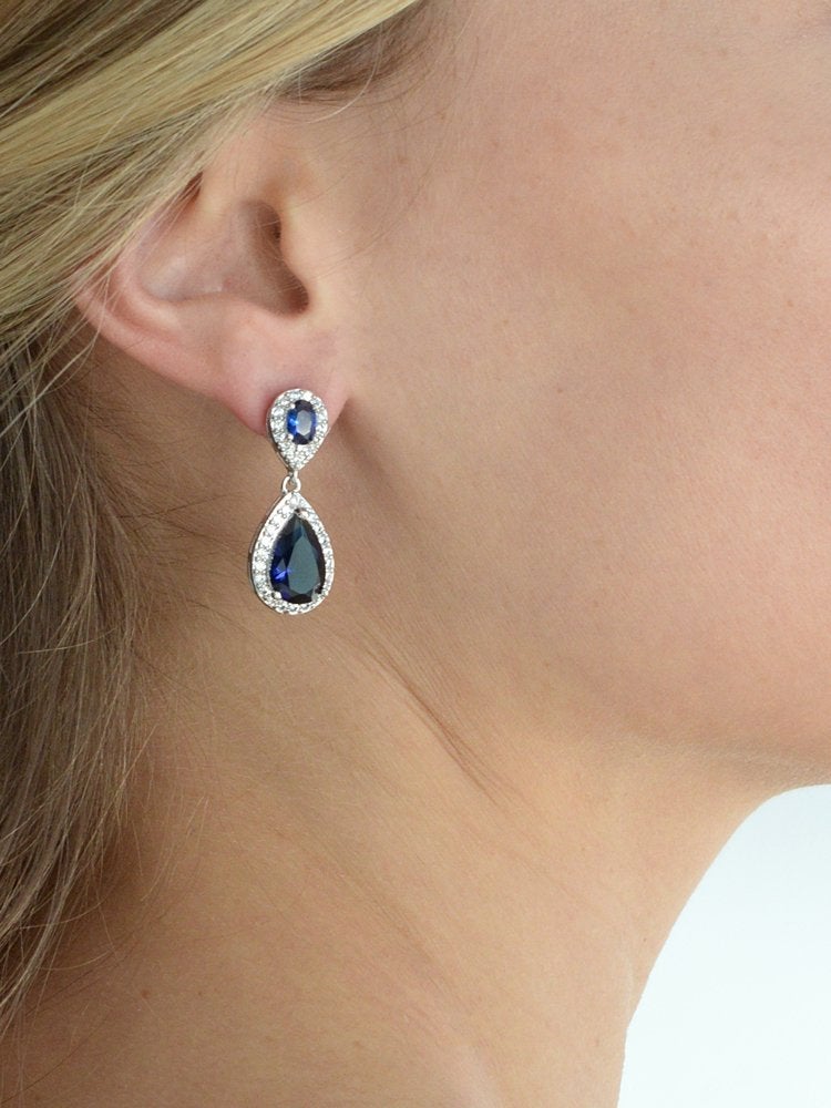 Mariell Sapphire Cubic Zirconia Teardrop Earrings for "Something Blue" Bridal or September Birthstone - Image 3