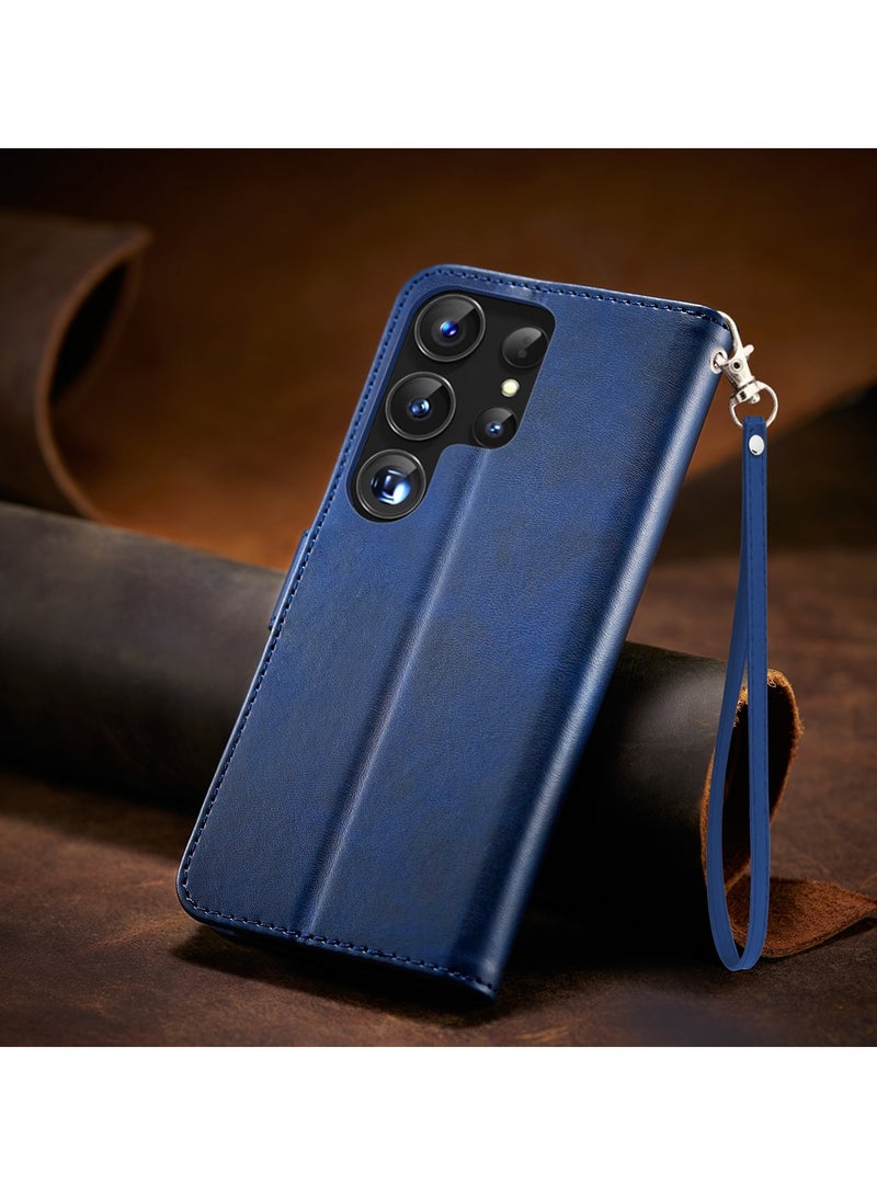 ICARLUS For Samsung Galaxy S24 Ultra Case PU Leather Calf Texture Phone Cover - Blue - Image 2