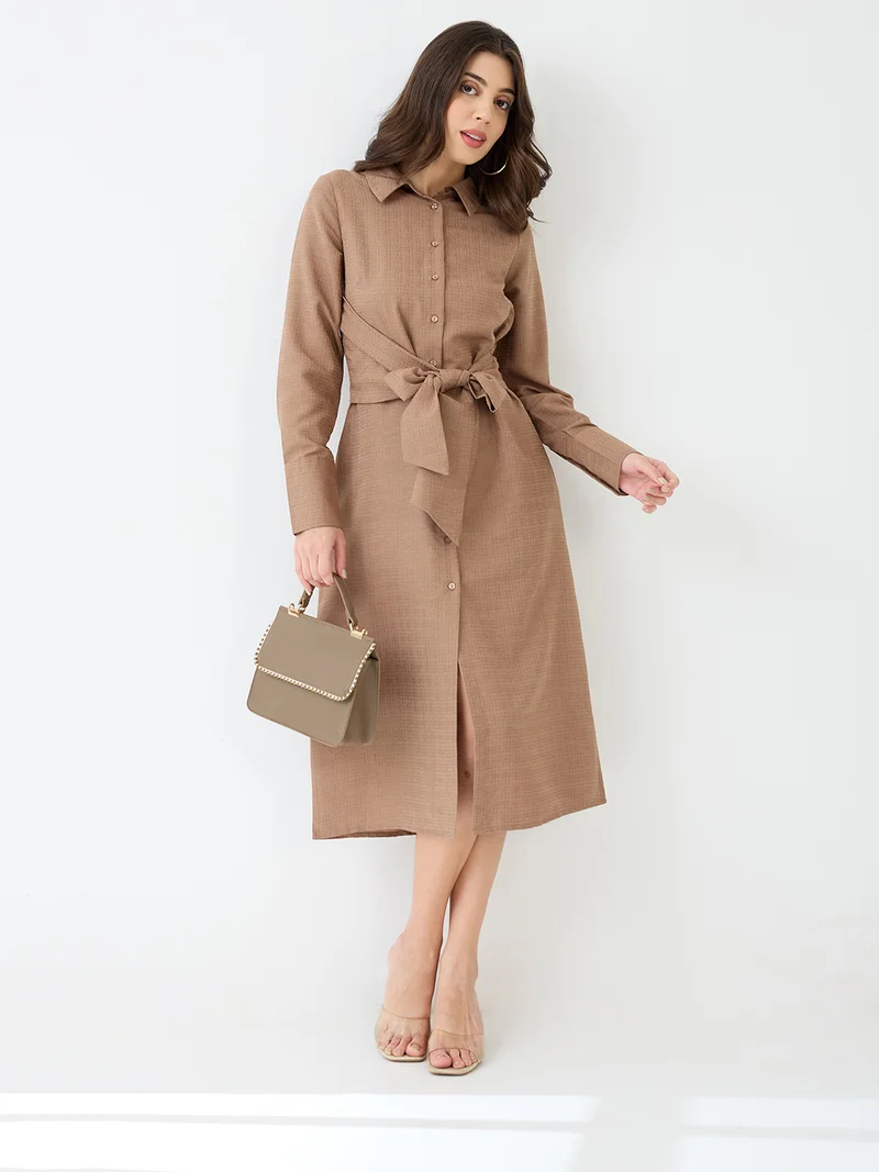 globus Globus Women Brown Collared Neck Cuffed Sleeves Self Design Waist Tie-Ups Midi Workwear Shirt Dress