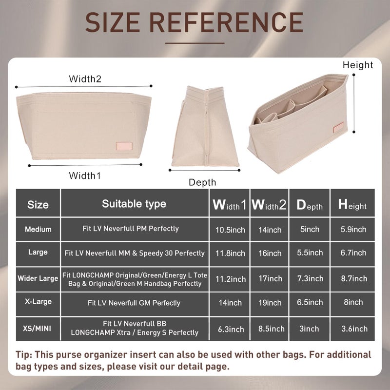 Doxo Purse Organizer Insert Handbag Tote Felt Bag Fit L Neverfull GM & Base Shaper 2pc Set(X-Large,Beige-Combination) - Image 2