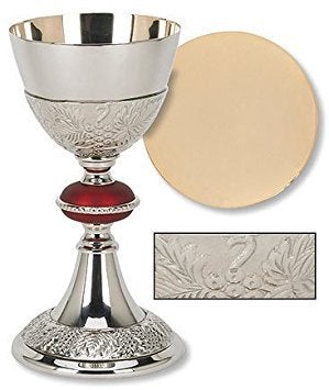 Religious Gifts Minister Bishop Religious Catholic Gift Brass 24KT Gold Plate Grape Patterned Red Node Chalice and Paten Set 